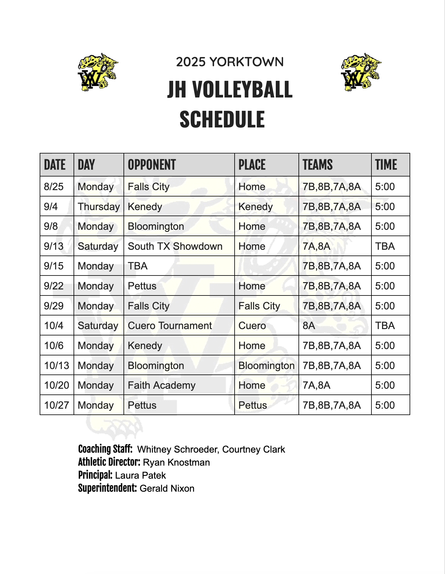 JH Volleyball Schedule 
